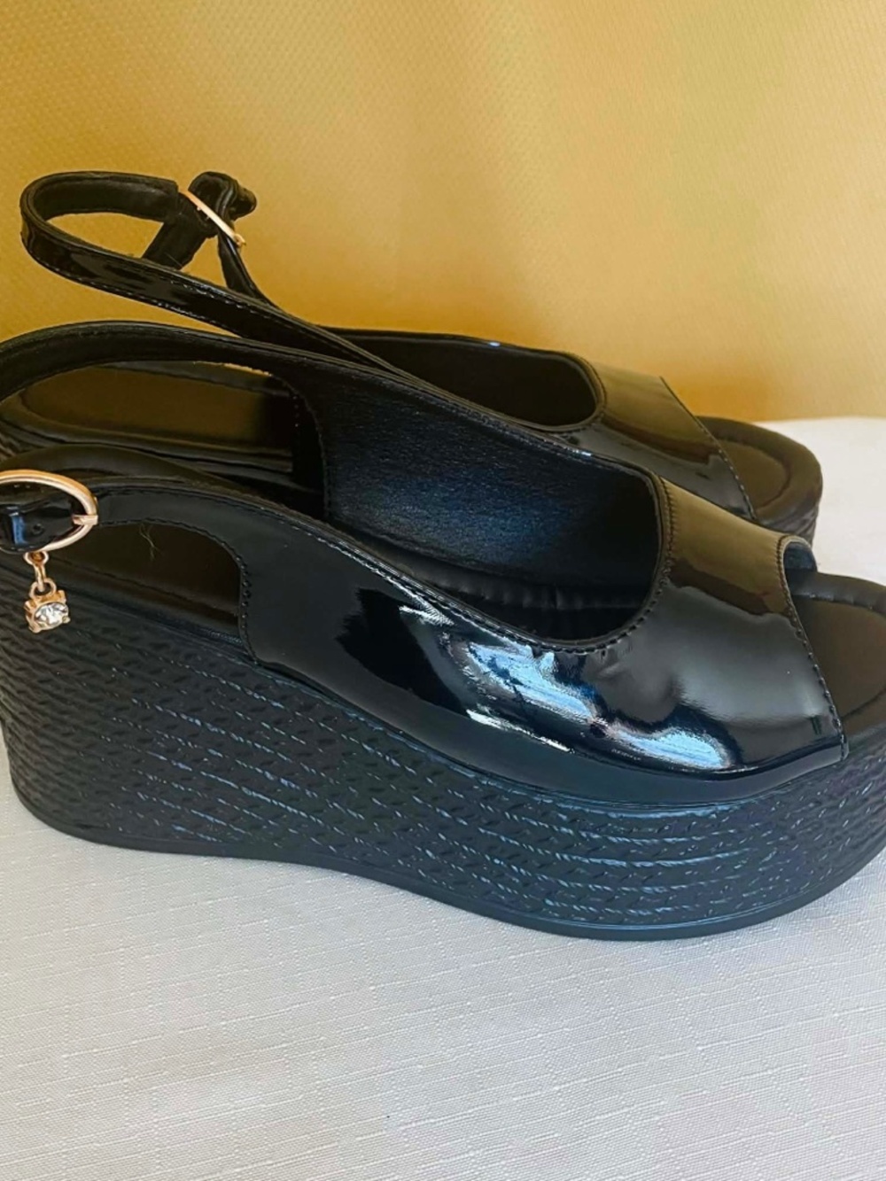 Black Patent Wedge Heels – Slingback Platform Sandals w/ Charm Detail Size 7.5